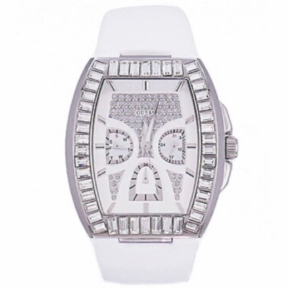 Guess Swarovski White Leather Strap Ladies Watch